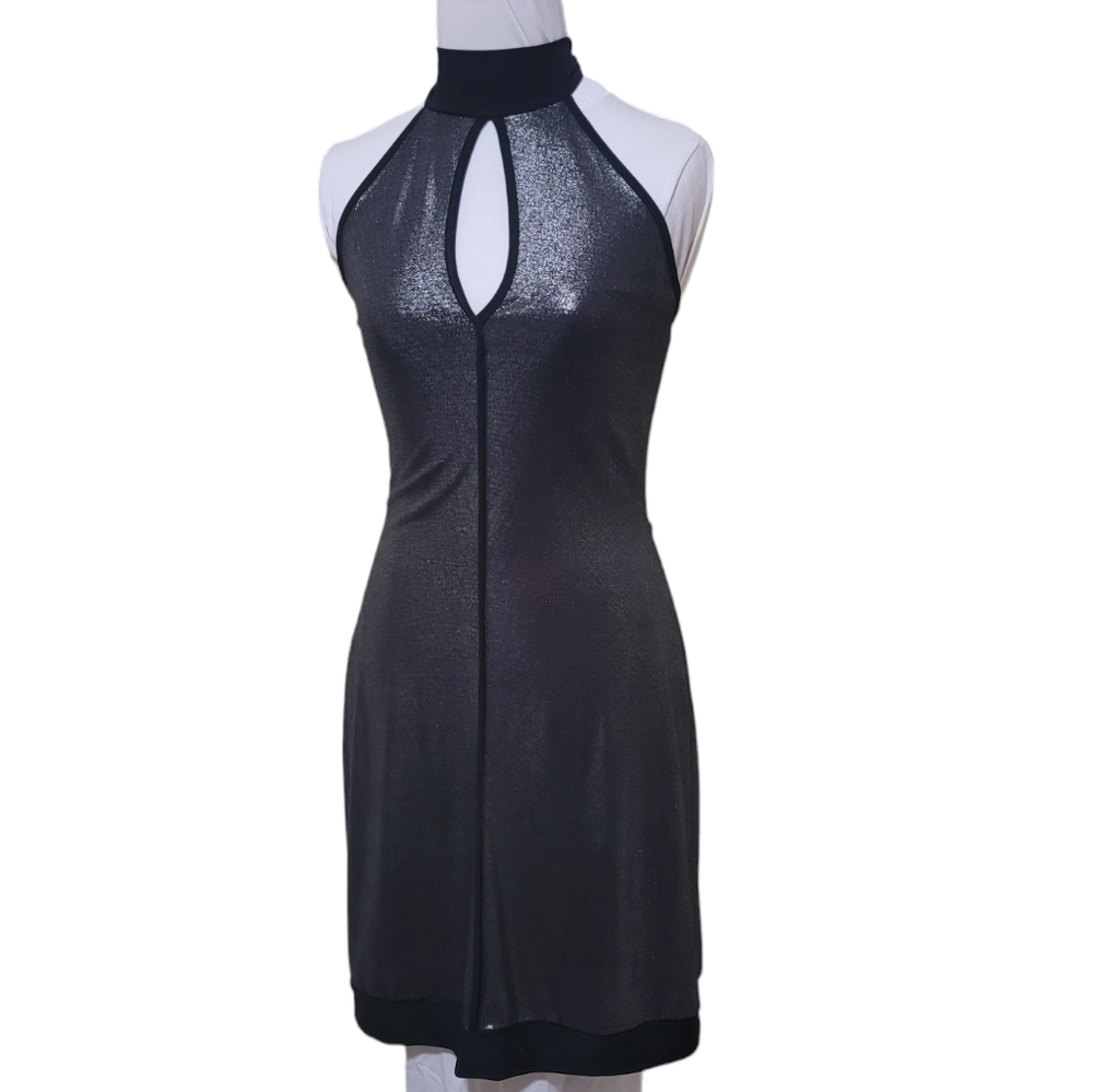Mariposa Silver Stretch Bodycon Halter dress,‎ liquid metal, size small
